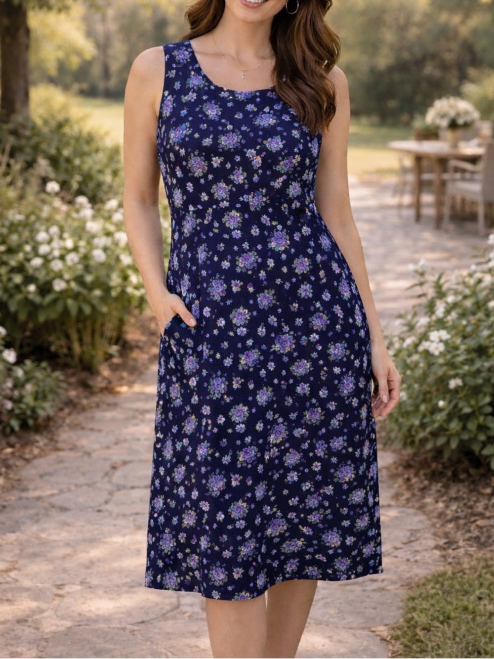 Vintage Impressions Navy Floral Knee Length Dress Sleeveless Cottagecore Summer